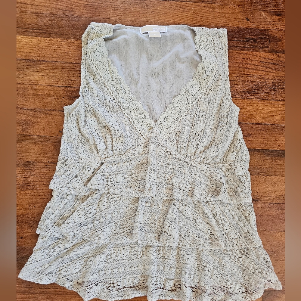 MICHAEL KORS Babydoll Y2K Cream Elegant Layered Lace Sleeveless‎ Top Sz L